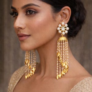 Kundan JHUMKAS,KASHMIRI jhumka Pearl Chandelier Earrings ,Freshwater Pearl earrings,Gold and pearl Jhumkas,Kundan Jewellery sale by TANEESI image 1