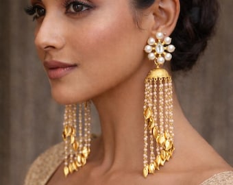 Kundan JHUMKAS,KASHMIRI jhumka Pearl Chandelier Earrings ,Freshwater Pearl earrings,Gold and pearl Jhumkas,Kundan Jewellery sale  by TANEESI