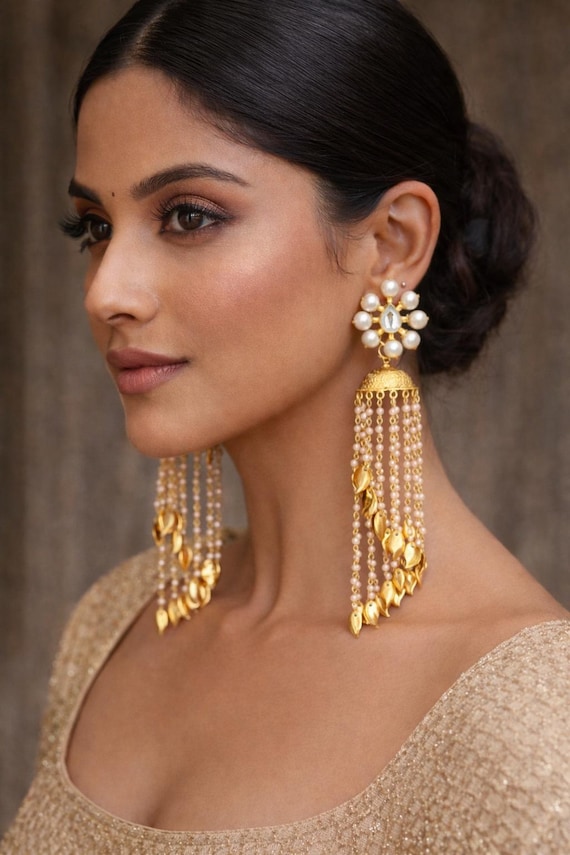 Kundan JHUMKAS,KASHMIRI jhumka Pearl Chandelier Earrings ,Freshwater Pearl earrings,Gold and pearl Jhumkas,Kundan Jewellery sale  by TANEESI