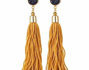Black Druzy Tassel Earrings: 18K Gold Plated Boho Jewelry