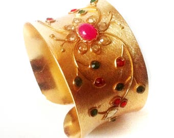 Matte Gold Cuff Bracelet ,Antique Kundan Bangle,Exotic fusion cuff, Ruby Gemstone bracelet, Statement Baroque Wedding Jewelry by Taneesi