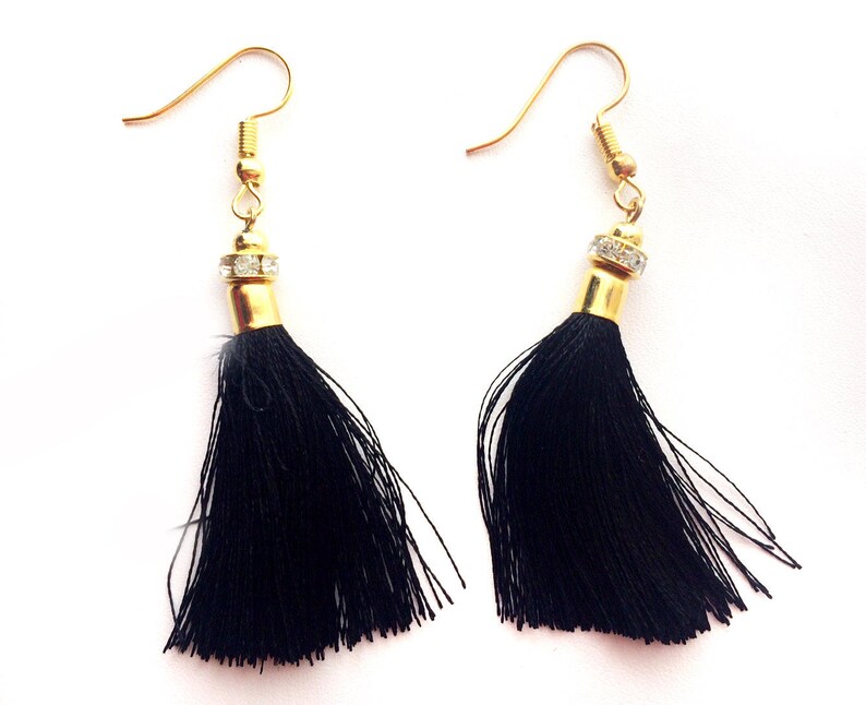 Black gold Tassel earrings,Silk Tassel earrings,festival jewelry-fringe earrings-Boho earring-Bohemian Gypsy jewelry-AE515BL image 3