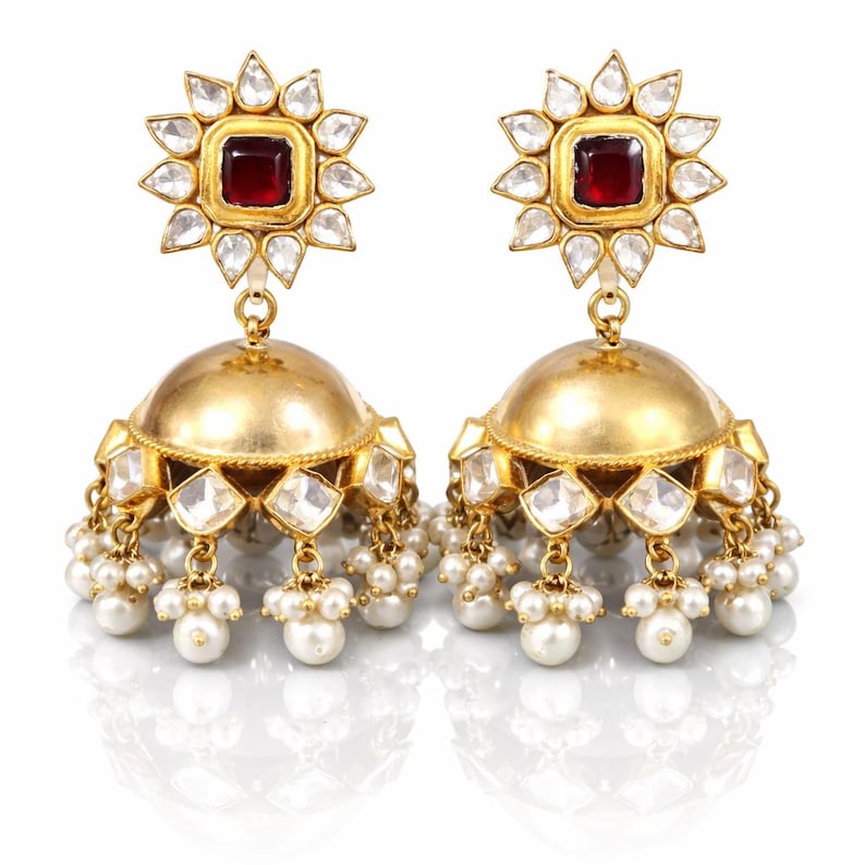 Gold kundan Jhumkas-Pearl Jhumka Earrings-Triple jhumka-tiered jhumka earrings-Freshwater Pearl earrings, Long Jhumkas,Kundan Earrings image 2