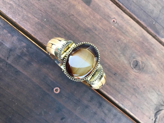 Antique Cuff Bracelet, Tribal Brass Onyx Cuff , S… - image 10