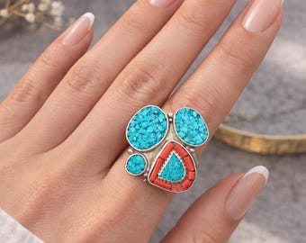 Vintage Turquoise Coral Tribal Ring – Adjustable Silver Gemstone, Nepal