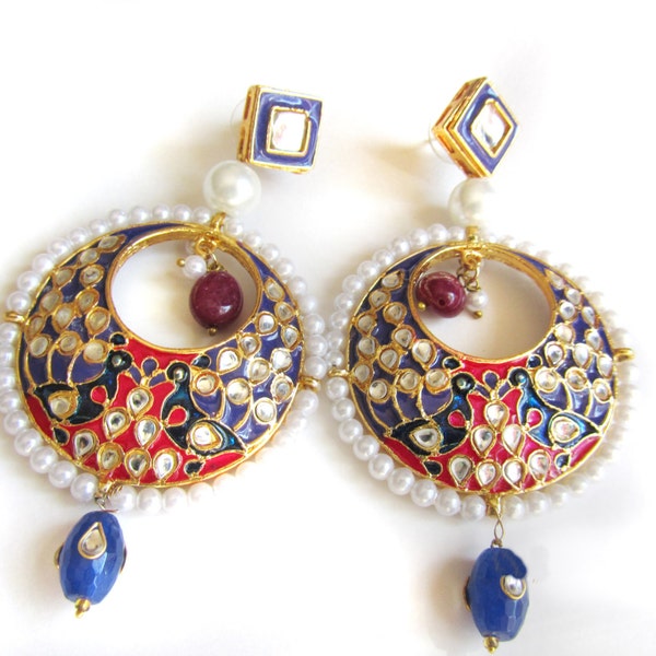 EARRINGS Kundan Chand Bali ,Peacock Earrings,Pearl Jewelry,Royal Mughal traditional Chandelier Earrings Jhumkas,Meenakari Jewelry Taneesi