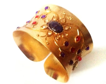 Gold Cuff Bracelet ,Antique Kundan Bangle,Exotic fusion cuff,Gemstone bracelet,Statement Baroque Wedding Jewelry by Taneesi.