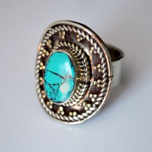 Turquoise Ring-Vintage Silver ring-Antique Nepal ring- handmade old Jewelry - Tribal ethnic Turquoise gemstone ring