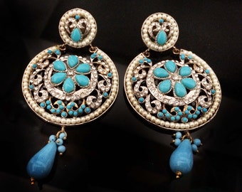 Turquoise Chandelier Earring Long Earrings Bridal Jewelry,Wedding Earrings Blue Crystal Prom Earrings, Indian Jewellery by TANEESI