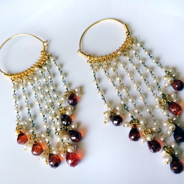 Pearl Hoop earrings,Austrian crystal jewelry,Indian Chandelier earrings,Royal Gold Hoops,handmade by Taneesi Jewelry