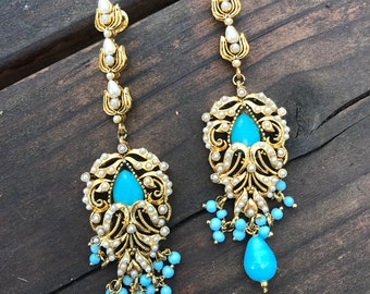 Turquoise gold Victorian Chandelier Earrings,Bridal Chandelier Earrings,Turkish Jewellery,Victorian Indian wedding jewelry,Royal ethnic