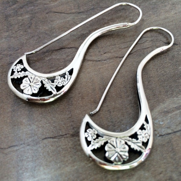 Sterling Silver Hoop Earrings,.925 Silver earrings,Tribal jewelry,Ethnic jewelry, Long Hoops,Tribal hoop earrings by Taneesi