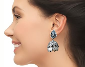TRIBAL SILVER Jhumka Earrings, antique Peacock Silver Jhumka Earrings, Silver dome  Chandelier earring, Ethnic Indian Jewellery
