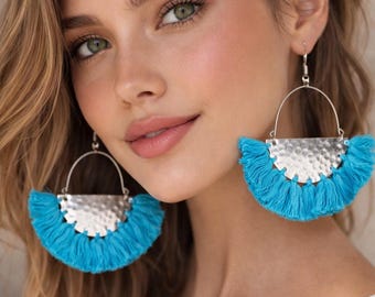 CLEARANCE SALE Turquoise Blue Tassel earrings,Silver festival jewelry-fringe earrings-Boho earrings earrings-free spirit