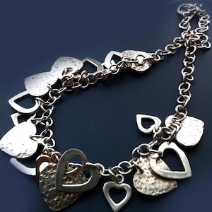 HEART CHARM Necklace Cluster  Hearts Fine Sterling Silver Necklace 999 purity,bridal Jewelry,Valentines gift,Hammered Silver Jewelry TANEESI