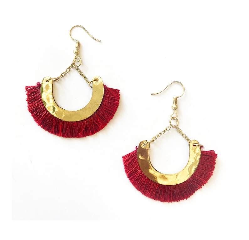 Seafoam green Tassel earring Gold Half moon earringsBoho Etsy