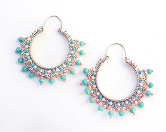 Half moon earrings- beaded hoops- Moon Earrings -Tribal Jewelry Turquoise peach gold hand beaded hoops-Ornate Hoop Earrings