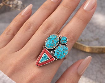 Turquoise Nepal Ring-Fertility ring-Turquoise Coral Ring-adjustable ring Tibetan ring-Nepal ring-handmade Large Silver ring OOAK