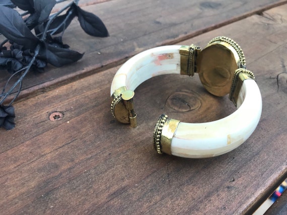 Antique Cuff Bracelet, Tribal Brass Onyx Cuff , S… - image 3