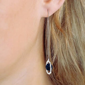 Silver Ear Threader Earrings: Black Lava Rock, Minimalist Bridal Jewelry