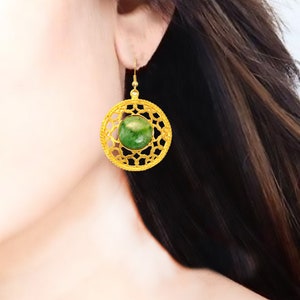 Gold filigree earrings,dangle earrings-Green Onyx Gold gemstone jewelry,modern minimalist jewelry by Taneesi