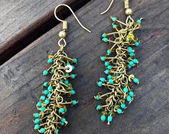 Turquoise gold earrings Boho Earrings Necklace Cluster earrings Gold sequin beaded Earrings Holiday collection by Taneesi