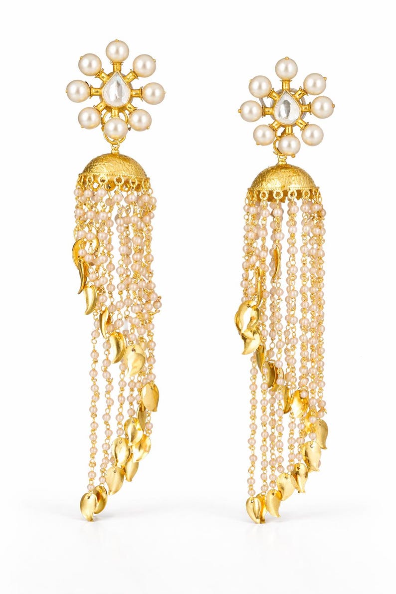 Kundan JHUMKAS,KASHMIRI jhumka Pearl Chandelier Earrings ,Freshwater Pearl earrings,Gold and pearl Jhumkas,Kundan Jewellery sale by TANEESI image 2