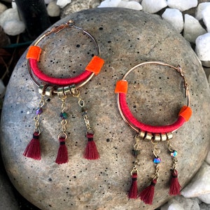 Bohemian Tassel Hoop Earrings: Red Orange Gold, Eco Friendly Jewelry