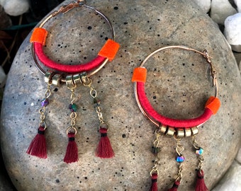 Tassel hoop earrings, eco friendly Red Orange Gold Bohemian jewelry, lightweight unique tribal hoops sustainable jewellery