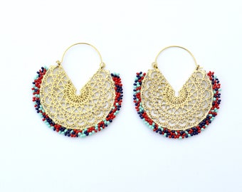 Gold bohemian earrings- Red Blue Beaded Tribal Gold Moon Earrings-Gold hoops-Indian Jewelry -Tribal Jewelry Beaded Gold hoops Gift for her