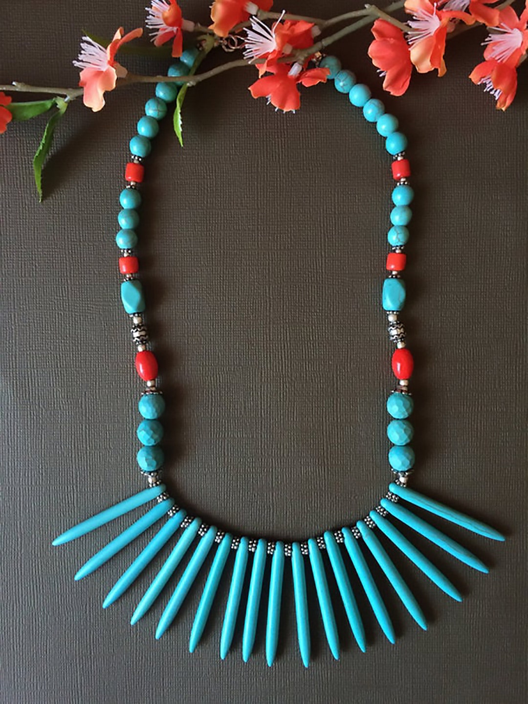 Hand-Woven Folk Style Tibet Turquoise Spike Long Necklace