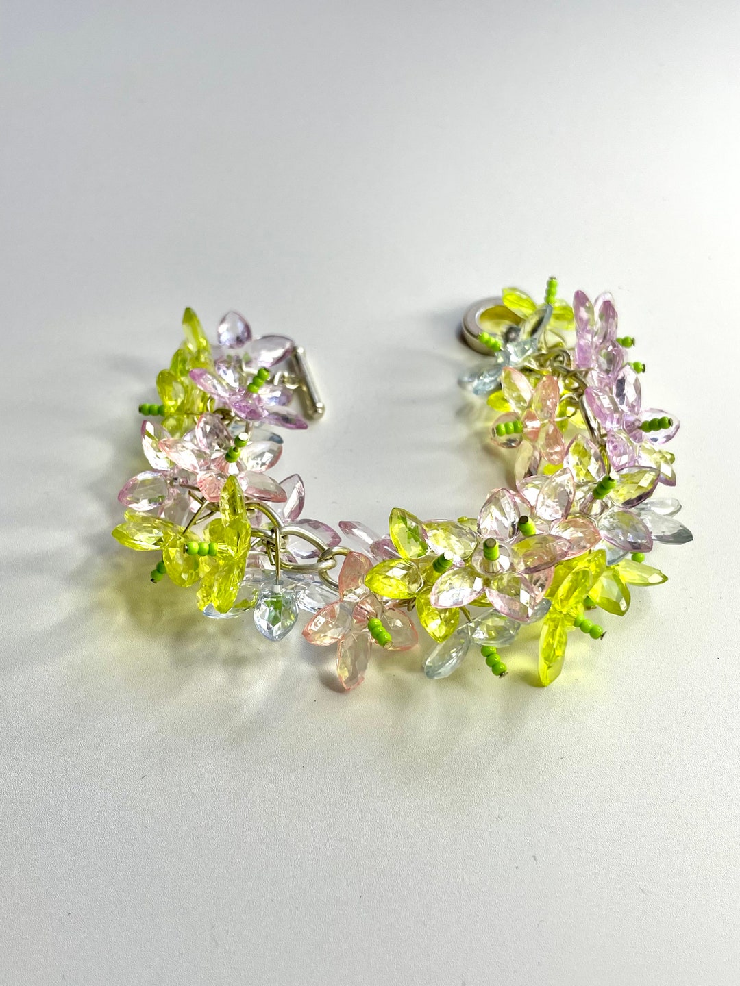 Handmade “pastel” Flower Acrylic Cluster Statement Bracelet Jewellery ...