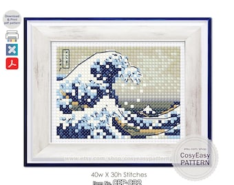 CEP-032 'A Onda de Kanagawa, de Katsushika Hokusai' - Gráfico de Ponto Cruz em PDF - Obra-prima