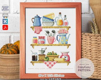 CEP-069 'Kitchen Shelves' Cross Stitch Pattern pdf Beginner Easy Modern cosyeasypattern