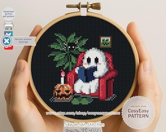 CEP-104 'A Little Ghost Reading Book' Cross Stitch Pattern pdf Halloween Pumpkin Modern