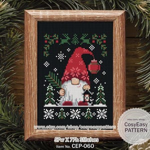CEP-060 &#39;Christmas Gnome&#39; Cross Stitch Pattern pdf Winter Tree Snow Holiday Cosy Easy Modern Fairy Elf Sprite Modern for Beginner