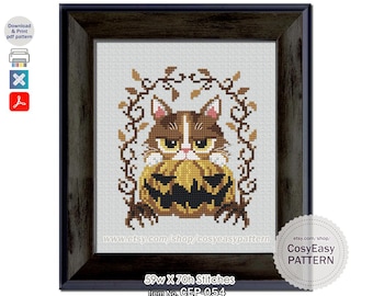 Patrón de punto de cruz CEP-054 'Gato de Halloween' (PDF) Calabaza espeluznante moderna