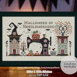 May include: Cross-stitch pattern in a dark green frame. The design depicts a Halloween scene with a witch's hat, ghosts, a pumpkin, and a sewing machine. The text reads "Halloween of Needleworkers".