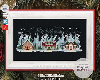 CEP-101 'Christmas Village' Cross Stitch Pattern pdf Christmas Tree Winter Simple Modern cosyeasypattern