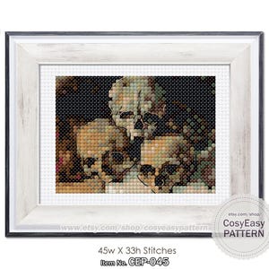 May include: Cross stitch pattern featuring three stylized skulls in shades of brown, white, and black. The pattern is titled "CosyEasy PATTERN" and measures 45 inches wide by 33 inches high. The item number is CEP-045.
