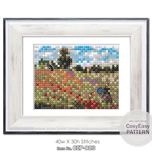 May include: A cross-stitch pattern featuring a colorful field of flowers with a blue sky and white clouds in the background. The pattern is 40 stitches wide by 30 stitches high. The pattern is titled "CEP-023" and is available for download and printing.