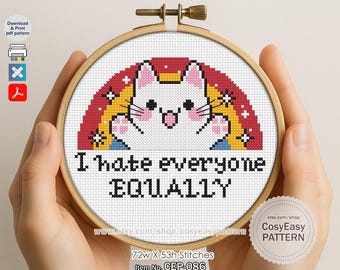 Patrón de punto de cruz CEP-086 «Odio a todos por igual» (PDF) - Frases divertidas de gatos - Mascotas modernas