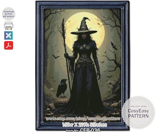 CEP-036 'Uma Bruxa e Corvos' Gráfico de Ponto Cruz em PDF - Gótico/Assustador de Halloween