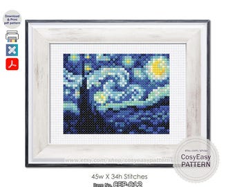 Patrón de punto de cruz CEP-012 «La noche estrellada» de Van Gogh (PDF) Mini obra maestra