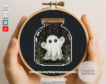 CEP-070 'A Little Ghost in a Jar' Cross Stitch Pattern pdf Halloween Trick or Treat Modern