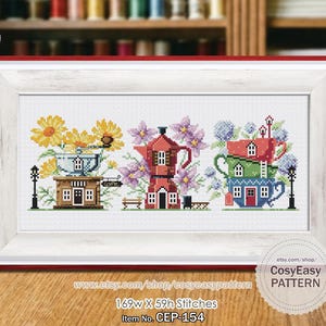 Op de afbeelding: Een kruissteekpatroon in een witte lijst met drie gebouwen in koffiethema: een bruine winkel met gele bloemen, een rood mokkapothuis met paarse bloemen en een stapel van blauwe en rode kopjeshuizen. 169w x 59h steken.