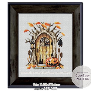 CEP-065 &#39;Witch House&#39; Cross Stitch Pattern pdf Halloween Pumpkin Autumn Fall Modern
