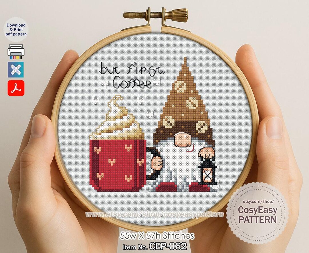 CEP-062 'coffee Gnome' Cross Stitch Pattern Pdf Fairy Elf Pixie - Etsy