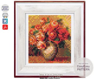 CEP-027 'Still Life With Roses by Pierre Auguste Renoir' Cross Stitch Pattern pdf Mini