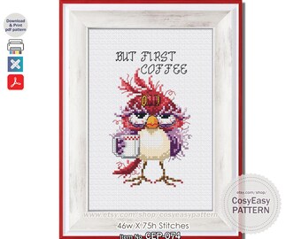 But First Coffee Bird Cross Stitch Pattern, Funny Meme (PDF Download)